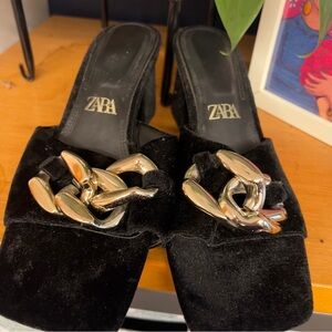 Zara Black Velvet Mules with Gold Chain